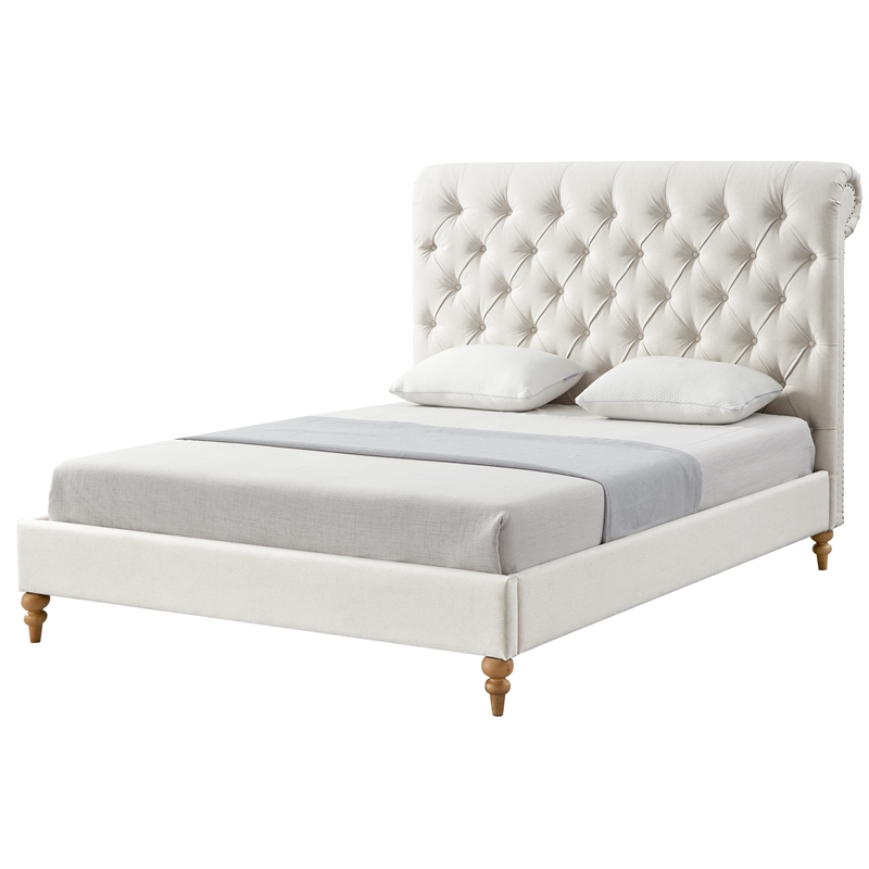 Addalynn Bed Cream White Linen Queen Rolled Top Button Tufted Nailhead Trim