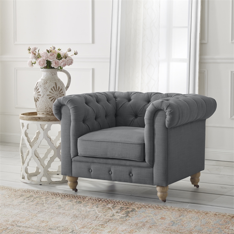 Londynn Club Chair Dark Gray Fabric Linen Button Tufted Rolled Sinuous Springs