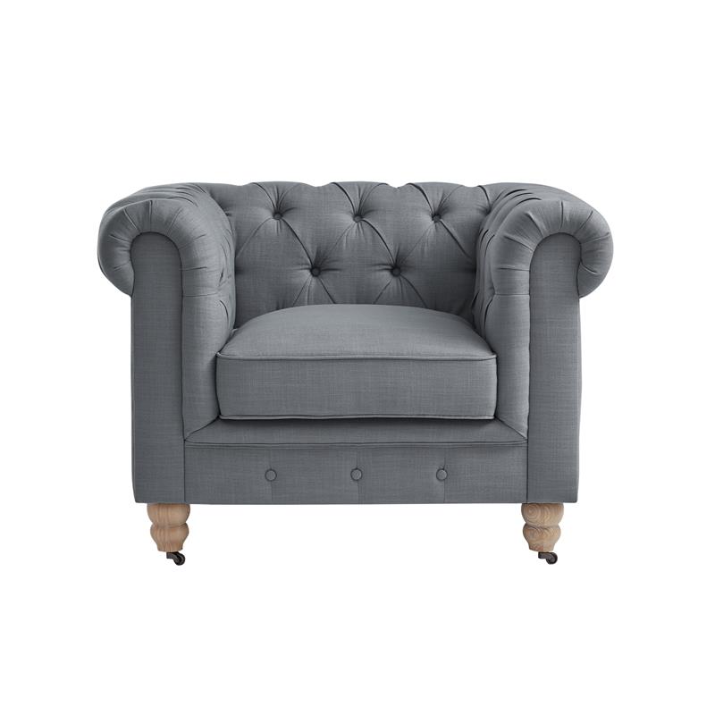 Londynn Club Chair Dark Gray Fabric Linen Button Tufted Rolled Sinuous Springs