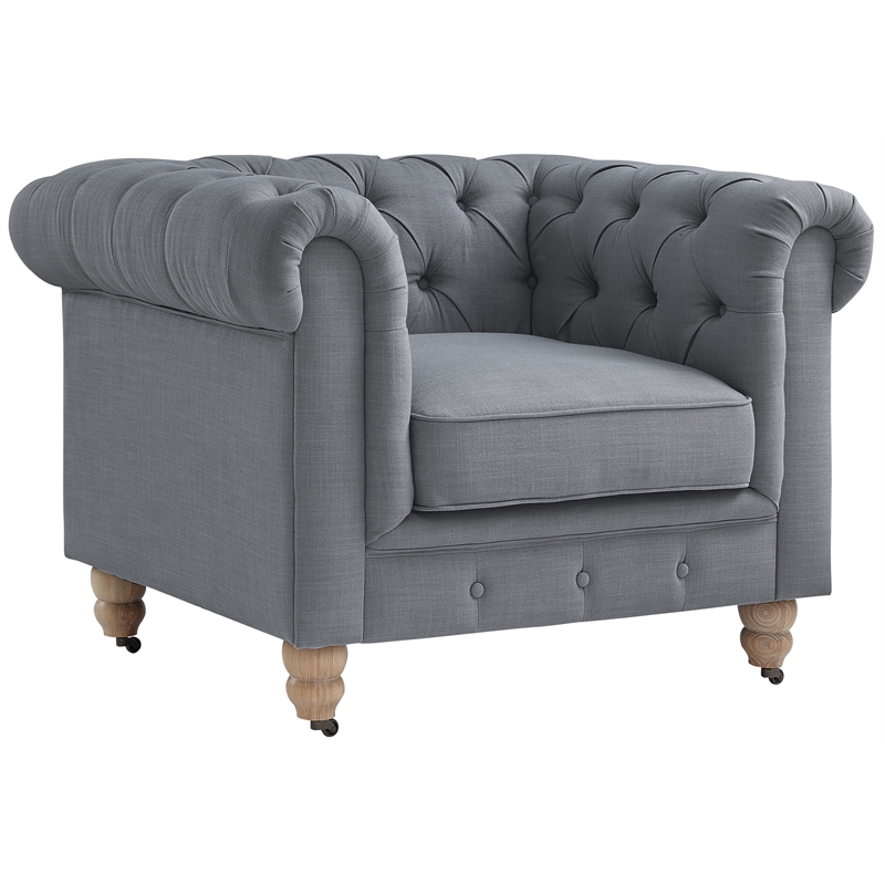 Londynn Club Chair Dark Gray Fabric Linen Button Tufted Rolled Sinuous Springs