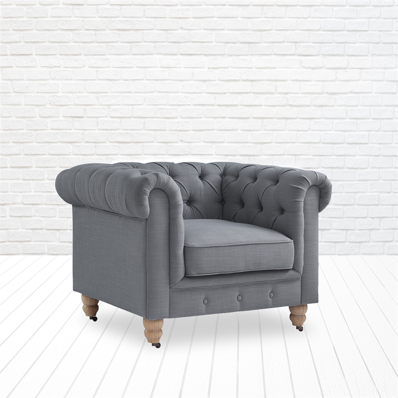 Londynn Club Chair Dark Gray Fabric Linen Button Tufted Rolled Sinuous Springs