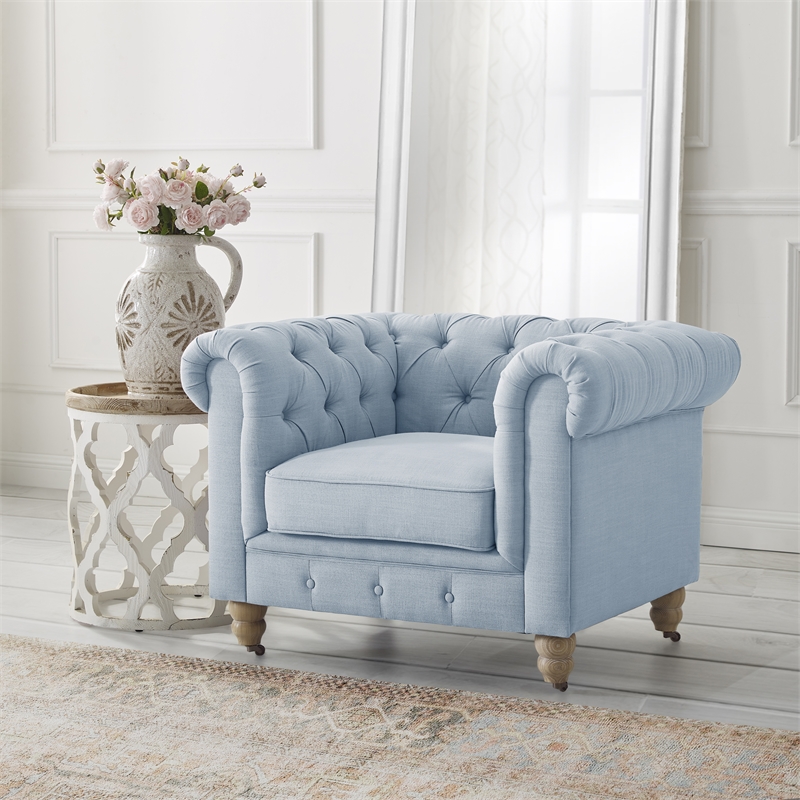 Londynn Club Chair Light Blue Linen Button Tufted Rolled Arm Sinuous Springs