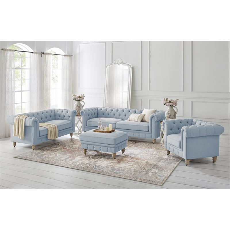 Londynn Club Chair Light Blue Linen Button Tufted Rolled Arm Sinuous Springs