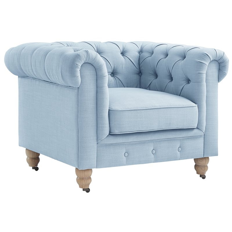 Londynn Club Chair Light Blue Linen Button Tufted Rolled Arm Sinuous Springs