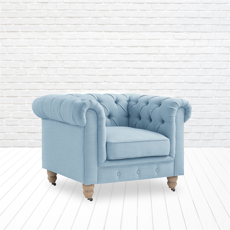 Londynn Club Chair Light Blue Linen Button Tufted Rolled Arm Sinuous Springs