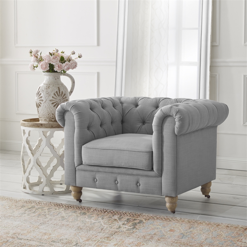 Londynn Club Chair Fabric Light Grey Linen Button Tufted Rolled Sinuous Springs