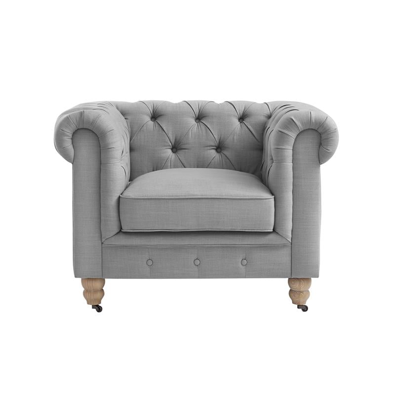 Londynn Club Chair Fabric Light Grey Linen Button Tufted Rolled Sinuous Springs