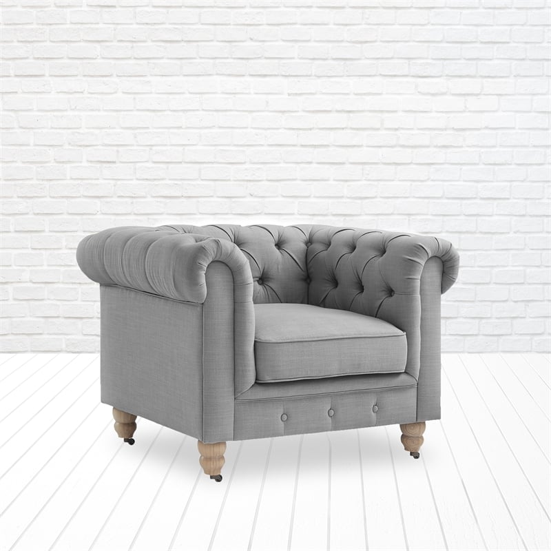 Londynn Club Chair Fabric Light Grey Linen Button Tufted Rolled Sinuous Springs