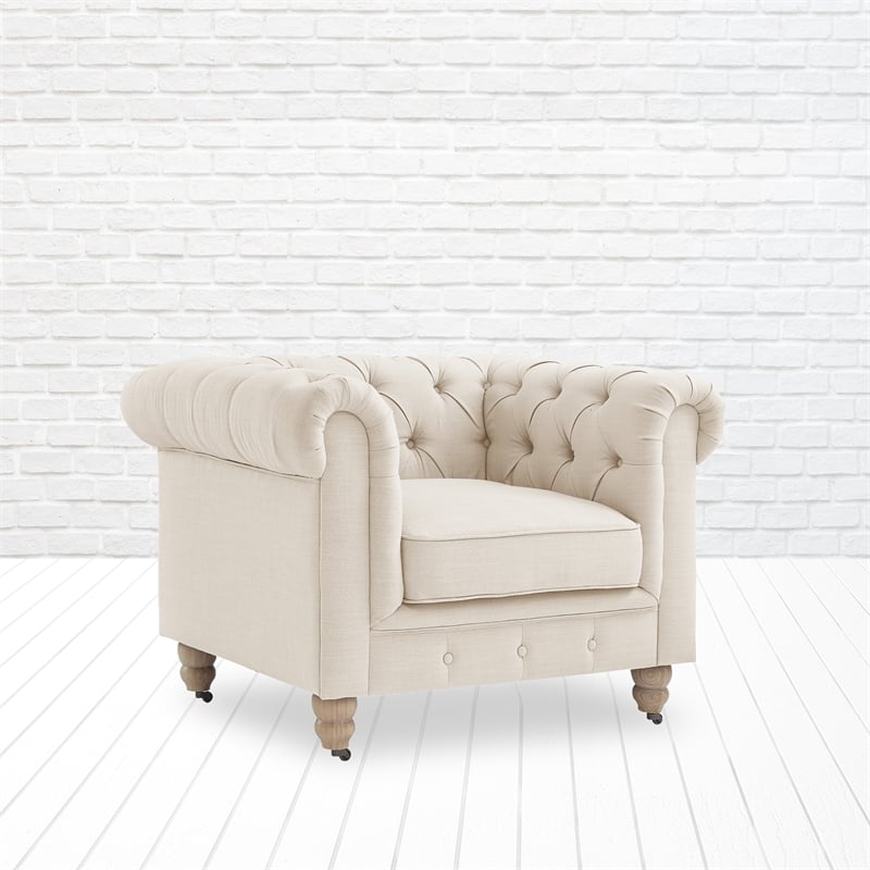 Londynn Yellow Fabric Club Chair Beige Linen Button Tufted Rolled Arm Springs