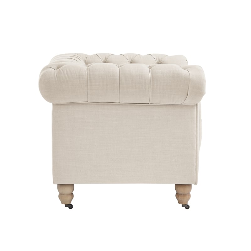 Londynn Yellow Fabric Club Chair Beige Linen Button Tufted Rolled Arm Springs