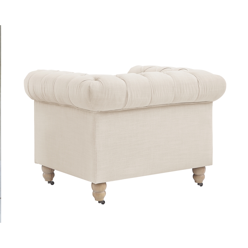 Londynn Yellow Fabric Club Chair Beige Linen Button Tufted Rolled Arm Springs