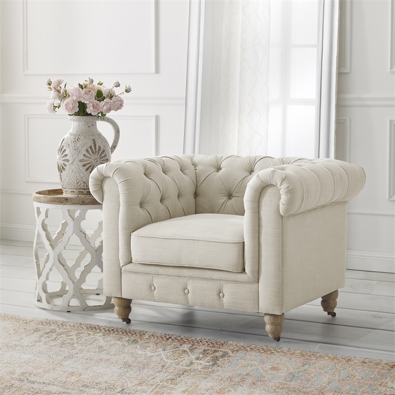 Londynn Yellow Fabric Club Chair Beige Linen Button Tufted Rolled Arm Springs