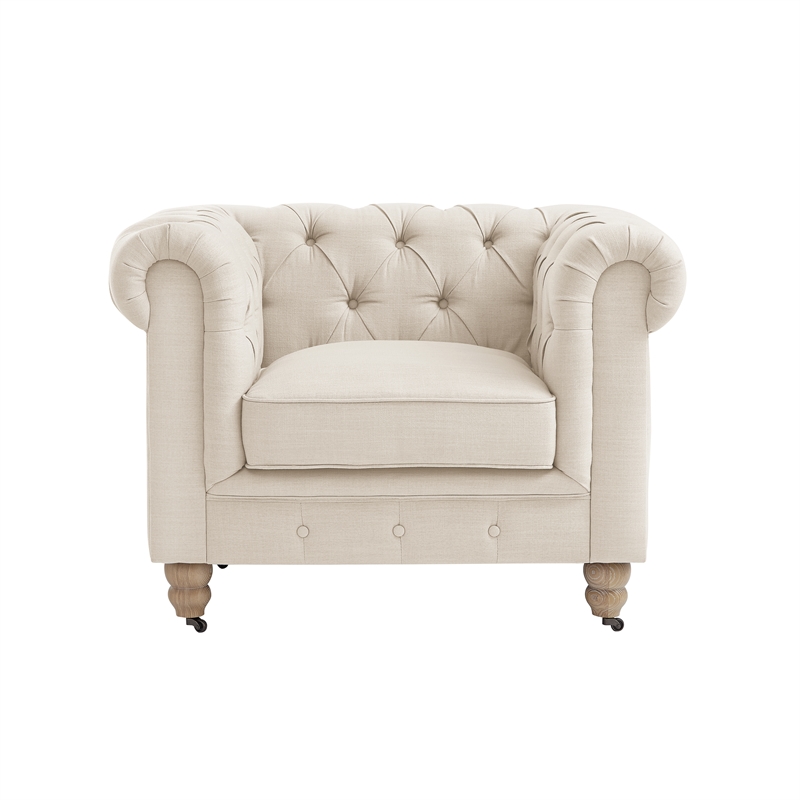 Londynn Yellow Fabric Club Chair Beige Linen Button Tufted Rolled Arm Springs