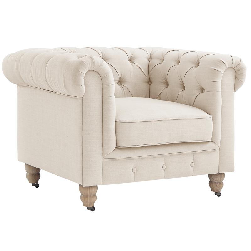 Londynn Yellow Fabric Club Chair Beige Linen Button Tufted Rolled Arm Springs