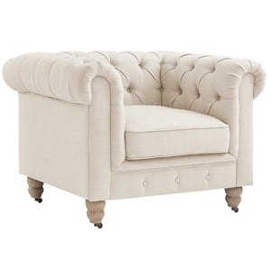 Londynn Yellow Fabric Club Chair Beige Linen Button Tufted Rolled Arm Springs