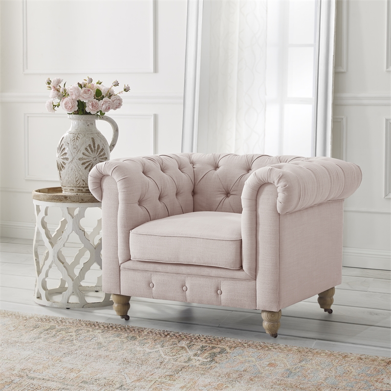 Londynn Club Chair Pink Linen Button Tufted Rolled Arm Sinuous Springs
