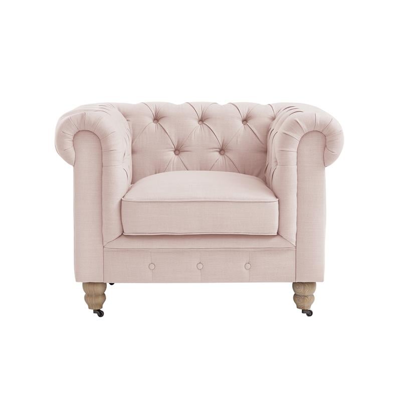 Londynn Club Chair Pink Linen Button Tufted Rolled Arm Sinuous Springs