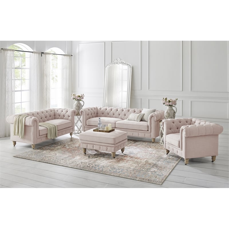 Londynn Club Chair Pink Linen Button Tufted Rolled Arm Sinuous Springs