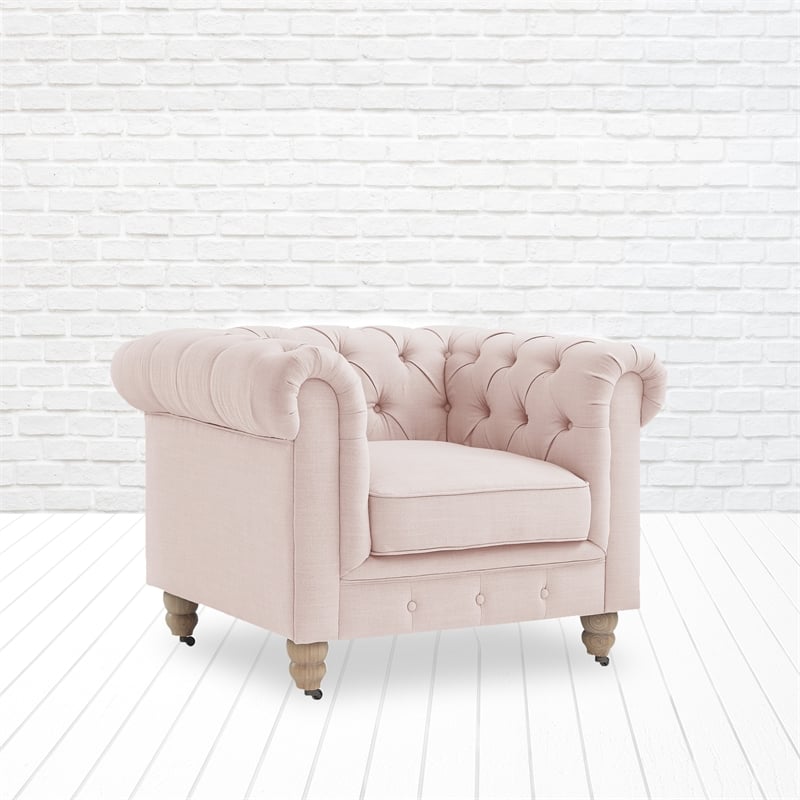 Londynn Club Chair Pink Linen Button Tufted Rolled Arm Sinuous Springs