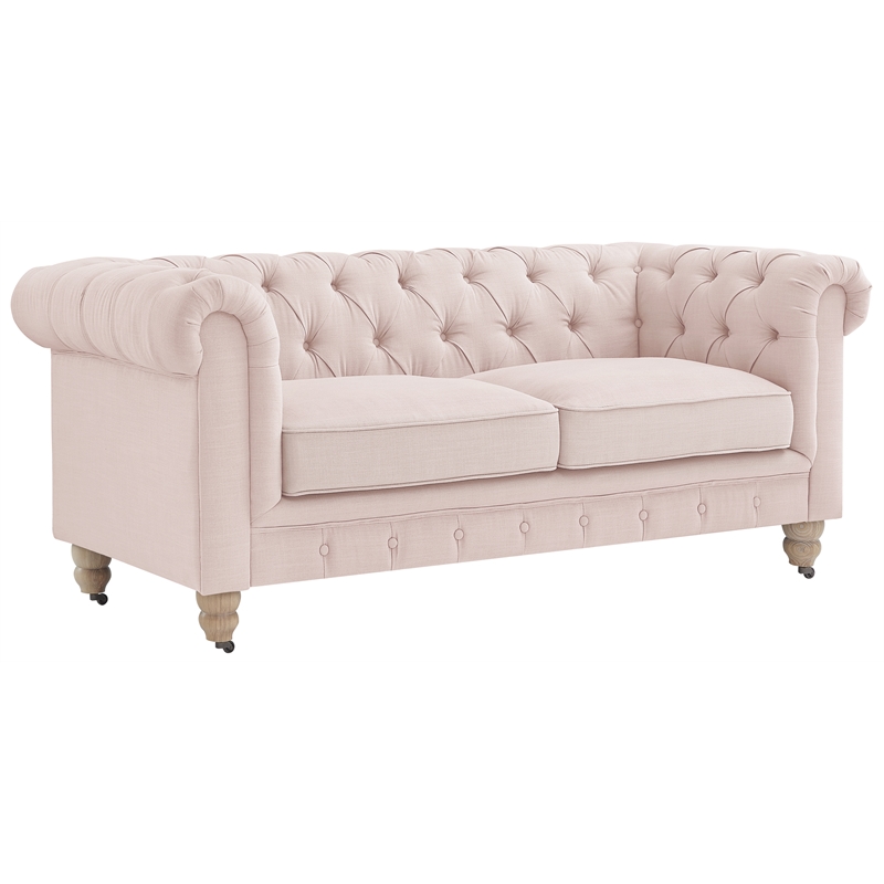 Londynn Loveseat Pink Linen Button Tufted Rolled Arm Sinuous Springs