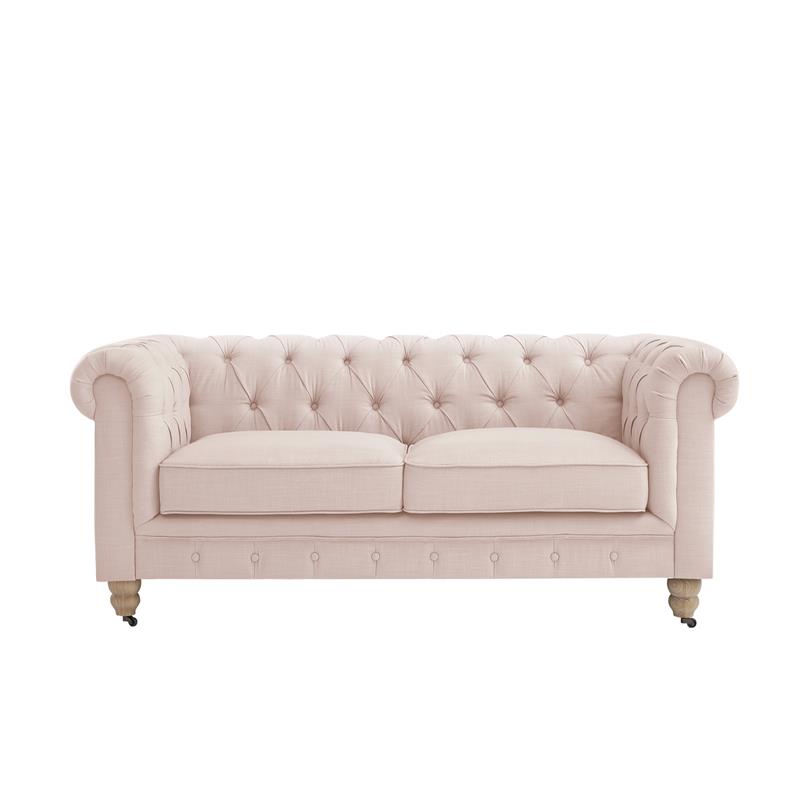 Londynn Loveseat Pink Linen Button Tufted Rolled Arm Sinuous Springs