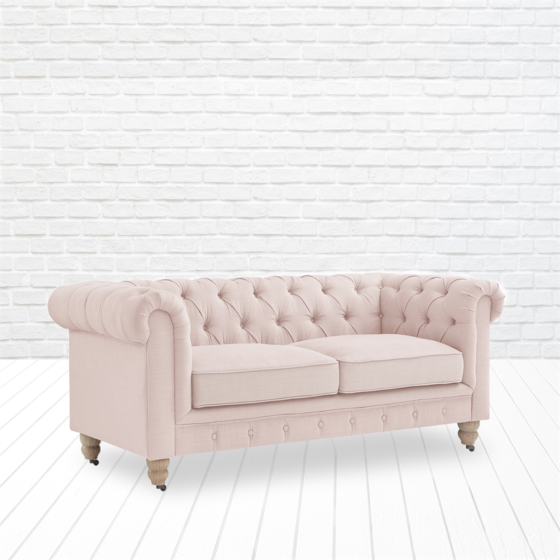 Londynn Loveseat Pink Linen Button Tufted Rolled Arm Sinuous Springs