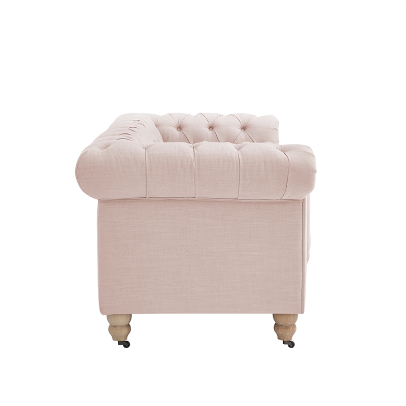 Londynn Loveseat Pink Linen Button Tufted Rolled Arm Sinuous Springs