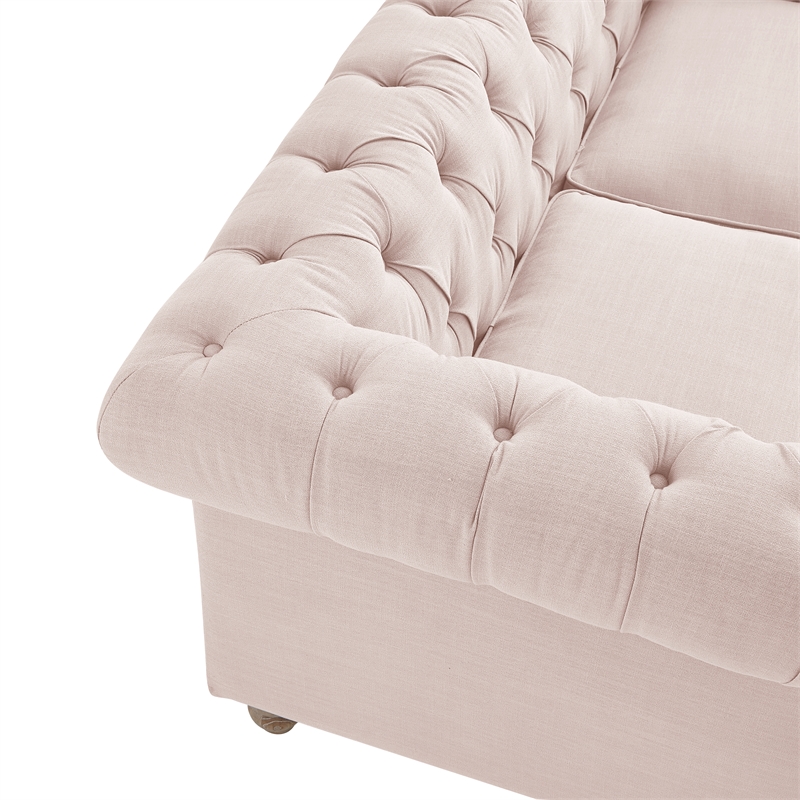 Londynn Loveseat Pink Linen Button Tufted Rolled Arm Sinuous Springs