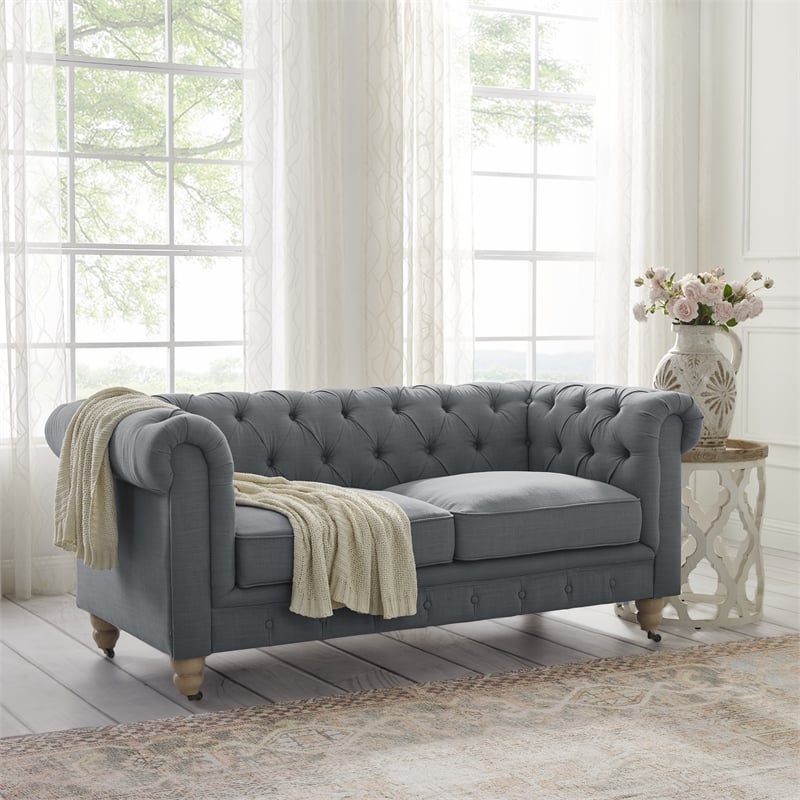 Londynn Loveseat Dark Grey Linen Button Tufted Rolled Arm Sinuous Springs