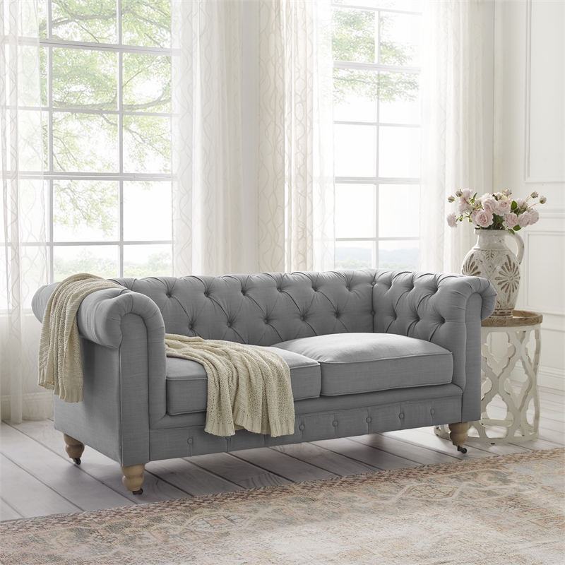 Londynn Loveseat Light Grey Linen Button Tufted Rolled Arm Sinuous Springs