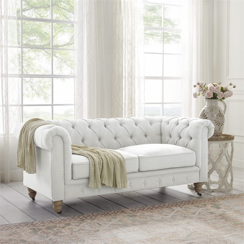 Londynn Loveseat Cream White Linen Button Tufted Rolled Arm Sinuous Springs
