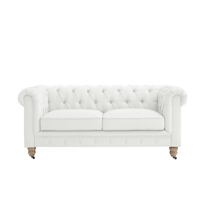 Londynn Loveseat Cream White Linen Button Tufted Rolled Arm Sinuous Springs