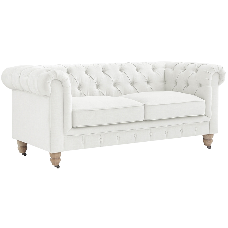 Londynn Loveseat Cream White Linen Button Tufted Rolled Arm Sinuous Springs