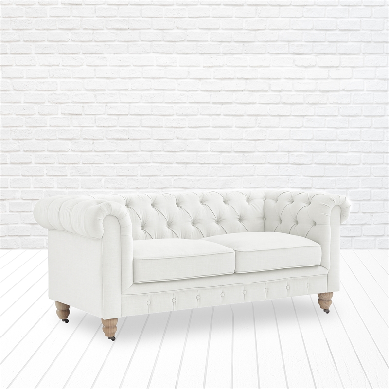 Londynn Loveseat Cream White Linen Button Tufted Rolled Arm Sinuous Springs