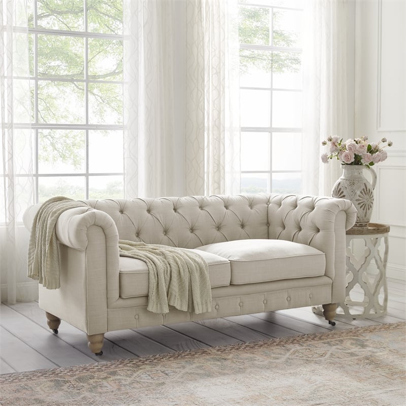Londynn Loveseat Beige Linen Button Tufted Rolled Arm Sinuous Springs