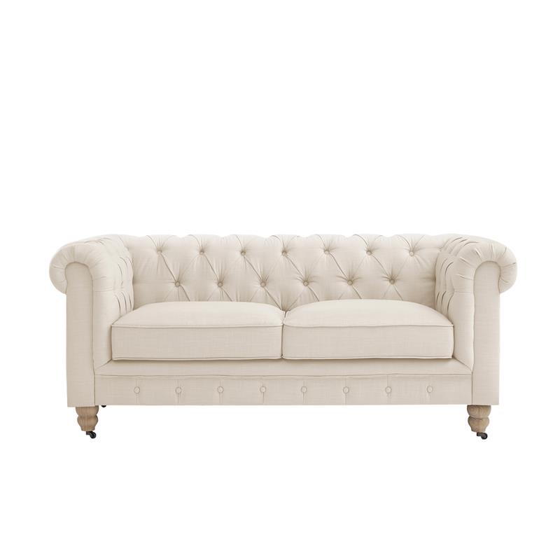 Londynn Loveseat Beige Linen Button Tufted Rolled Arm Sinuous Springs