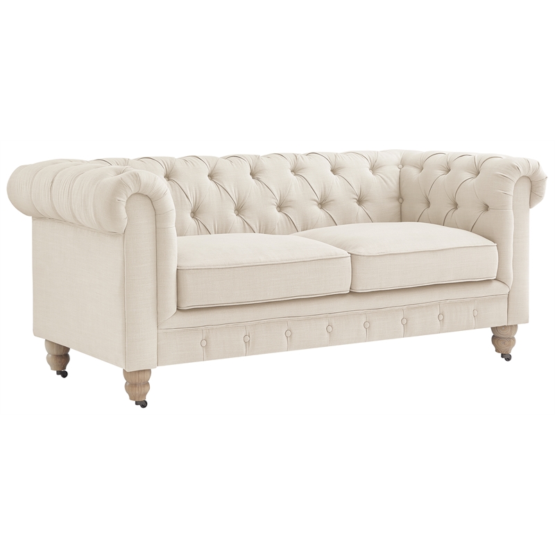Londynn Loveseat Beige Linen Button Tufted Rolled Arm Sinuous Springs