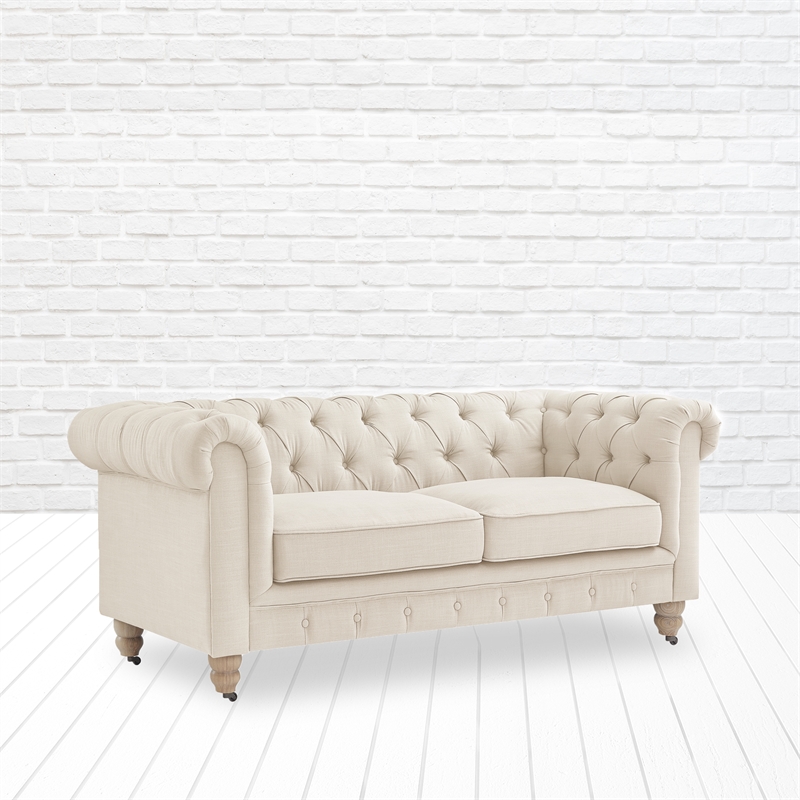 Londynn Loveseat Beige Linen Button Tufted Rolled Arm Sinuous Springs
