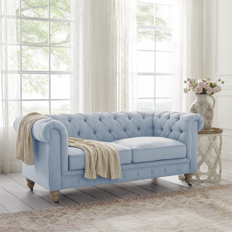 Londynn Loveseat Light Blue Linen Button Tufted Rolled Arm Sinuous Springs