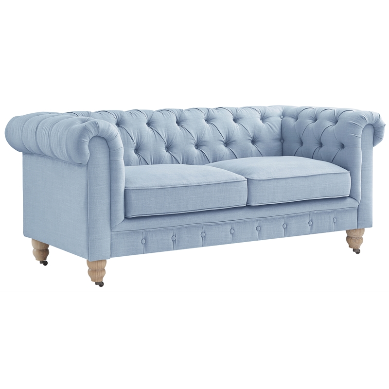 Londynn Loveseat Light Blue Linen Button Tufted Rolled Arm Sinuous Springs