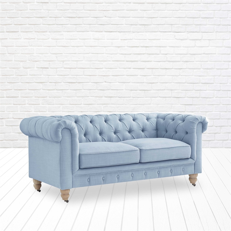 Londynn Loveseat Light Blue Linen Button Tufted Rolled Arm Sinuous Springs