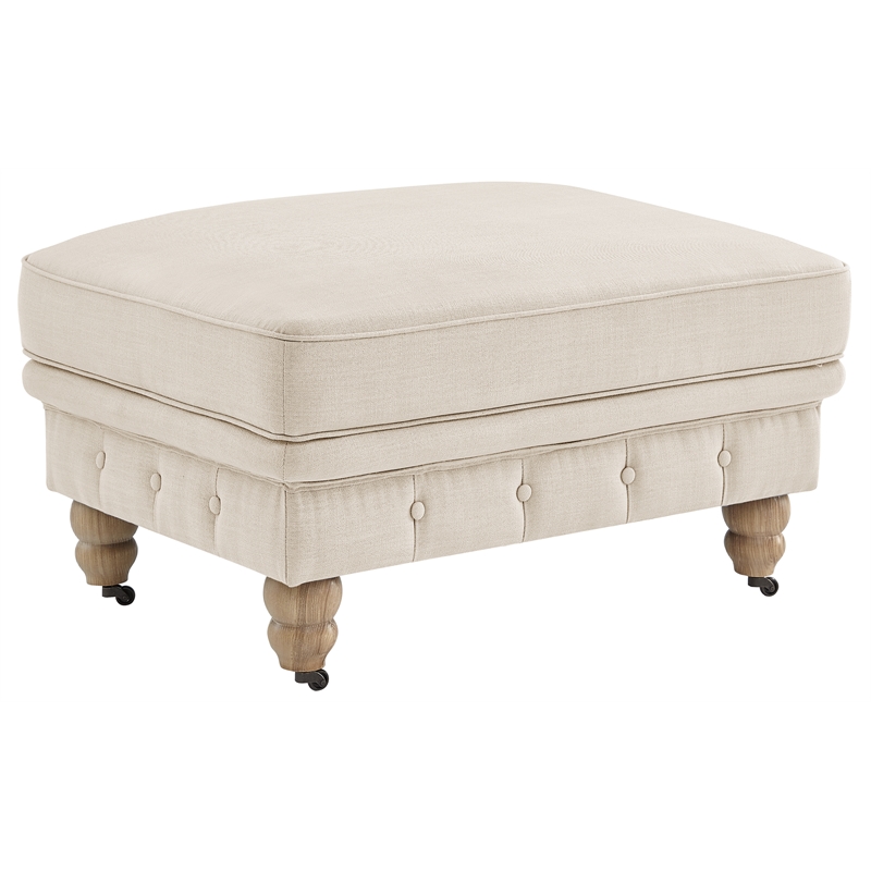 Londynn Cocktail Ottoman Beige Linen Button Tufted Sinuous Springs