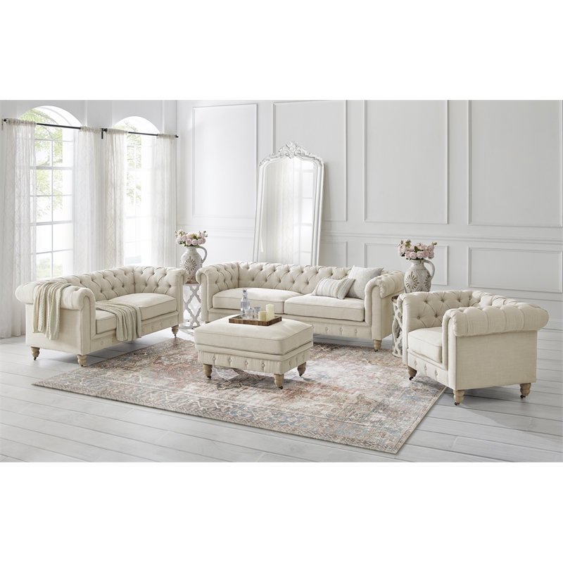 Londynn Cocktail Ottoman Beige Linen Button Tufted Sinuous Springs