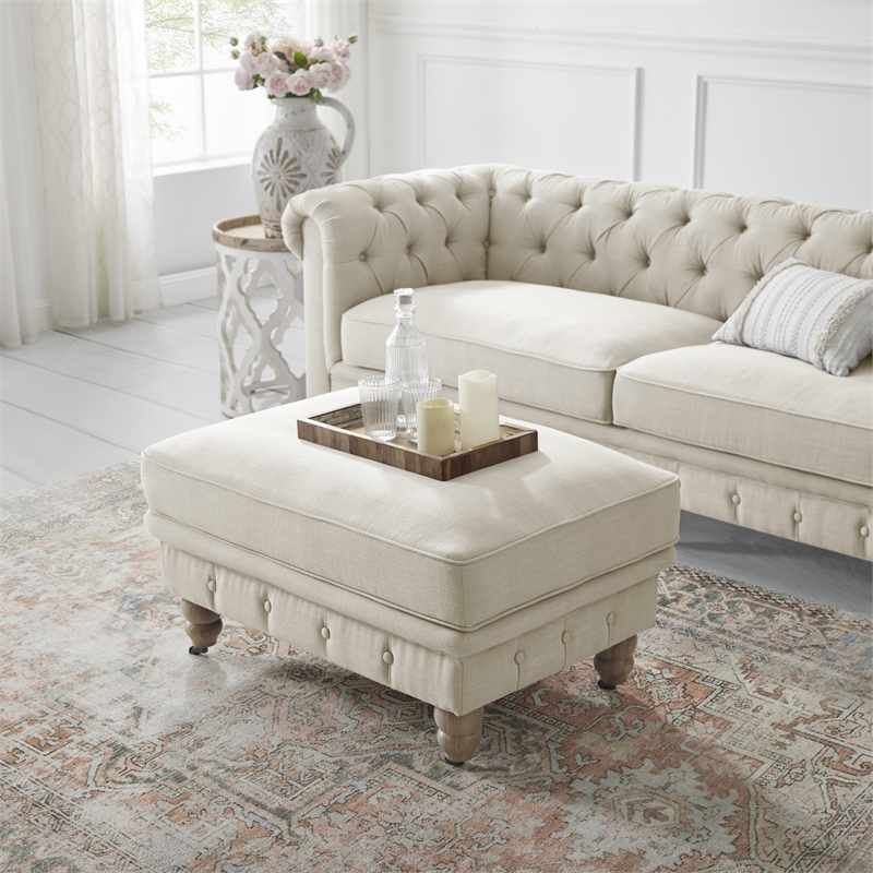 Londynn Cocktail Ottoman Beige Linen Button Tufted Sinuous Springs