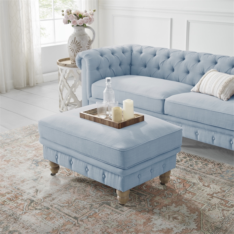 Londynn Cocktail Ottoman Light Blue Linen Button Tufted Sinuous Springs