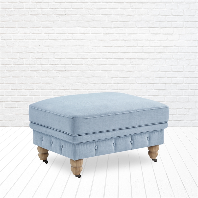 Londynn Cocktail Ottoman Light Blue Linen Button Tufted Sinuous Springs