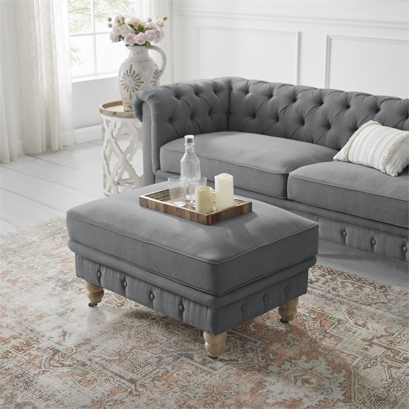 Londynn Cocktail Ottoman Dark Gray Fabric Linen Button Tufted Sinuous Springs