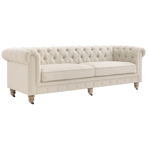 Londynn Sofa Beige Linen Button Tufted Rolled Arm Sinuous Springs