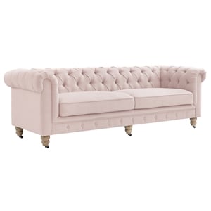 Londynn Sofa Pink Linen Button Tufted Rolled Arm Sinuous Springs