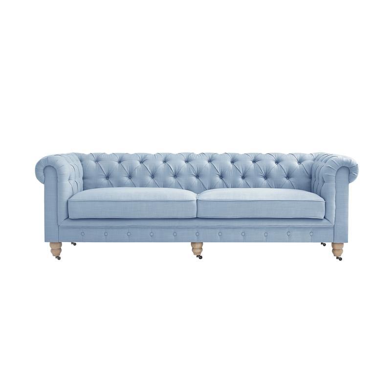 Londynn Sofa Light Blue Linen Button Tufted Rolled Arm Sinuous Springs